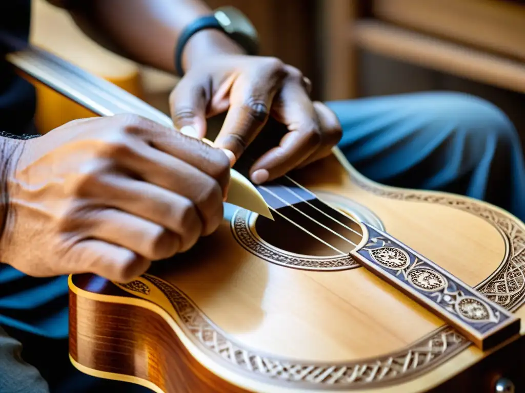 Un artesano habilidoso trabaja con cuidado en la elaboración de una guitarra de madera con incrustaciones detalladas