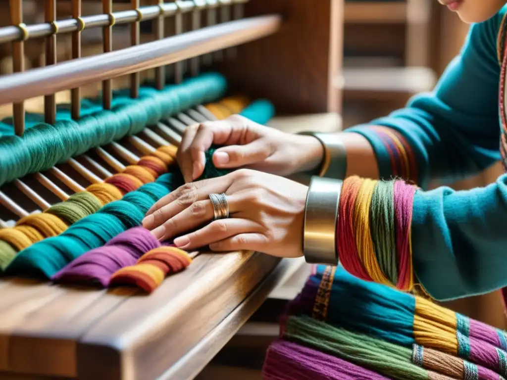 Un artesano habilidoso teje con cuidado hilos coloridos en un patrón textil tradicional, destacando la artesanía tradicional y las mejores prácticas