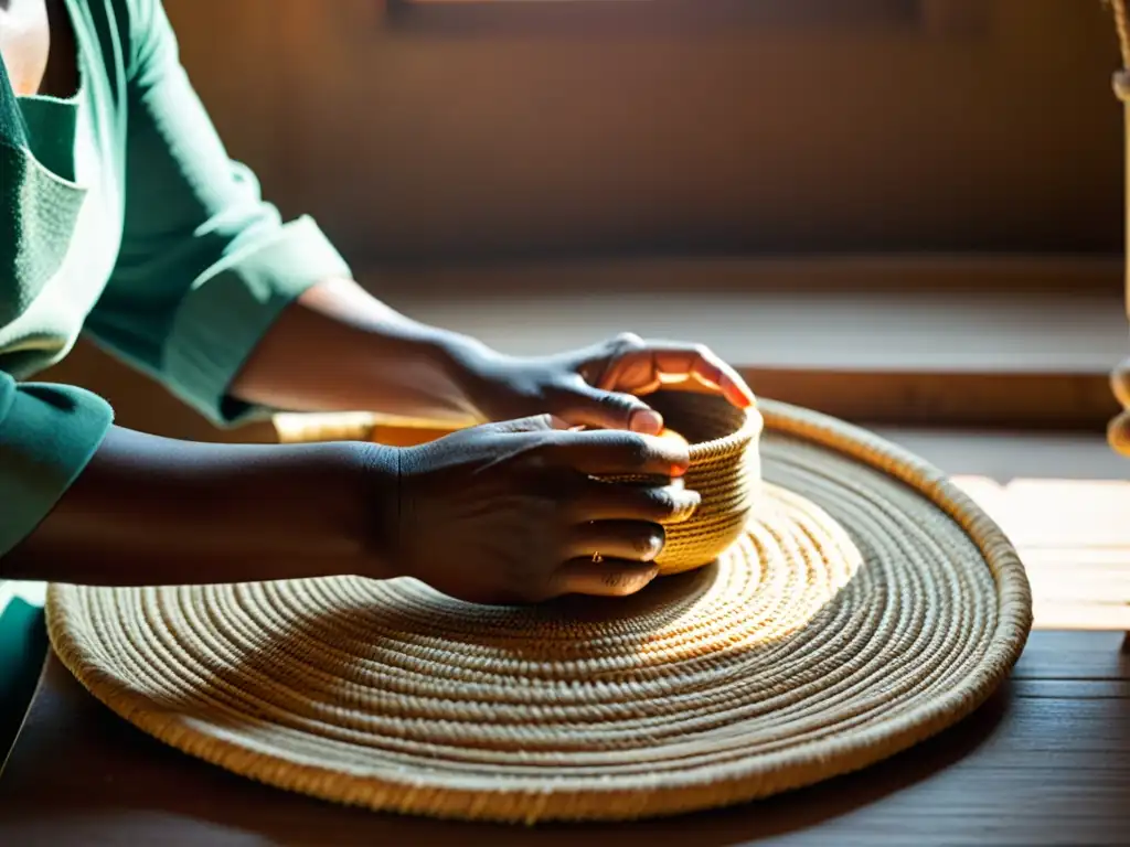 Artesano tejiendo cestas: tradición y destreza Un artesano habilidoso teje con destreza fibras naturales para crear una cesta tradicional, con luz cálida resaltando la escena