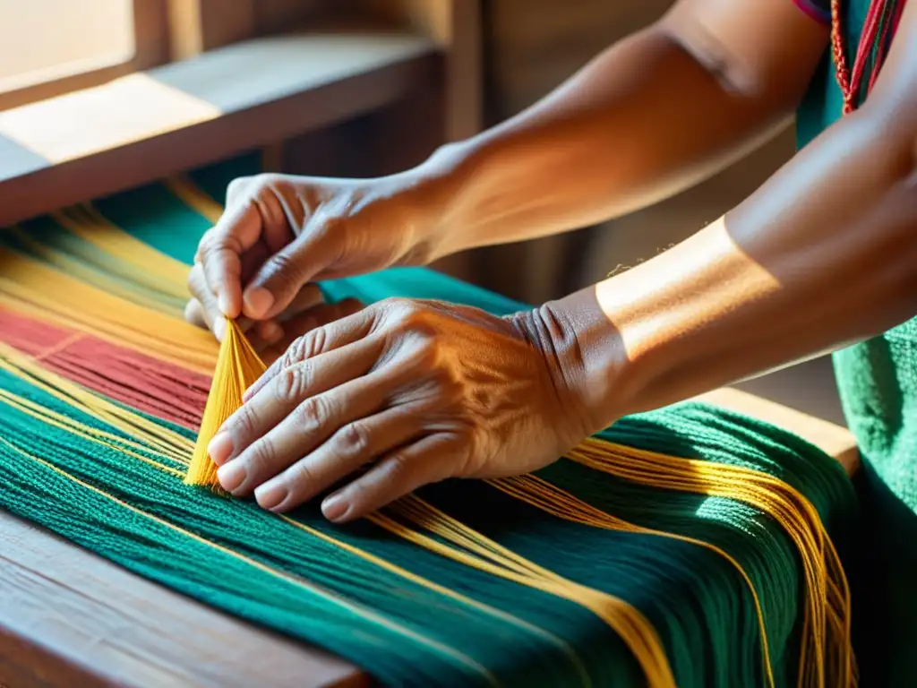 Un artesano habilidoso teje con destreza hilos vibrantes en un diseño textil tradicional, iluminado por la cálida luz natural