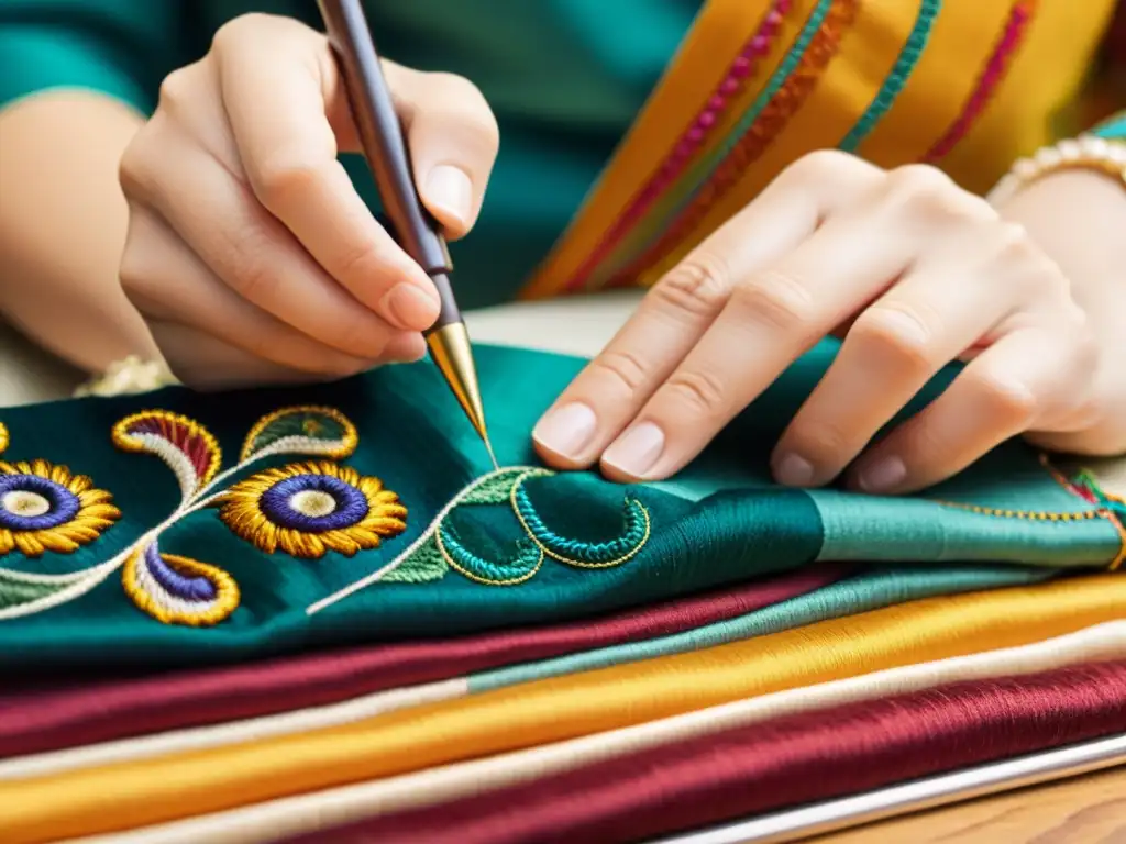 Un artesano habilidoso borda un diseño textil colorido y complejo, fusionando arte textil tradicional y digital con maestría