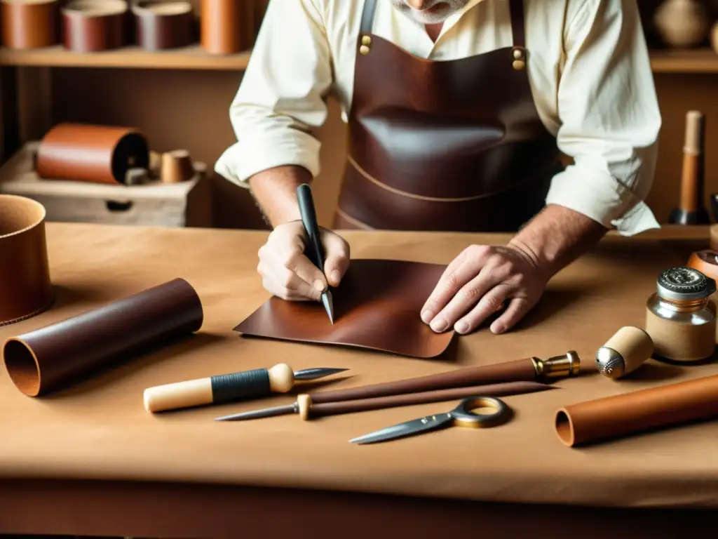 Un artesano habilidoso crea con esmero un accesorio de cuero, rodeado de herramientas y materiales tradicionales