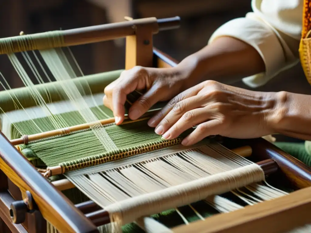 Un artesano habilidoso teje fibras naturales en un telar antiguo, resaltando la artesanía tradicional y la tecnología en el tejido artesanal