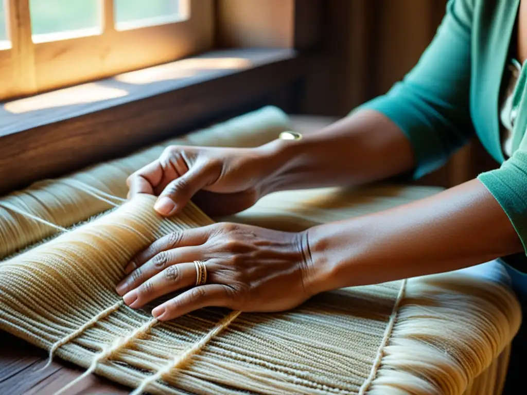 Un artesano habilidoso teje fibras naturales con certificación ecológica, mostrando la tradicional artesanía con dedicación y detalle