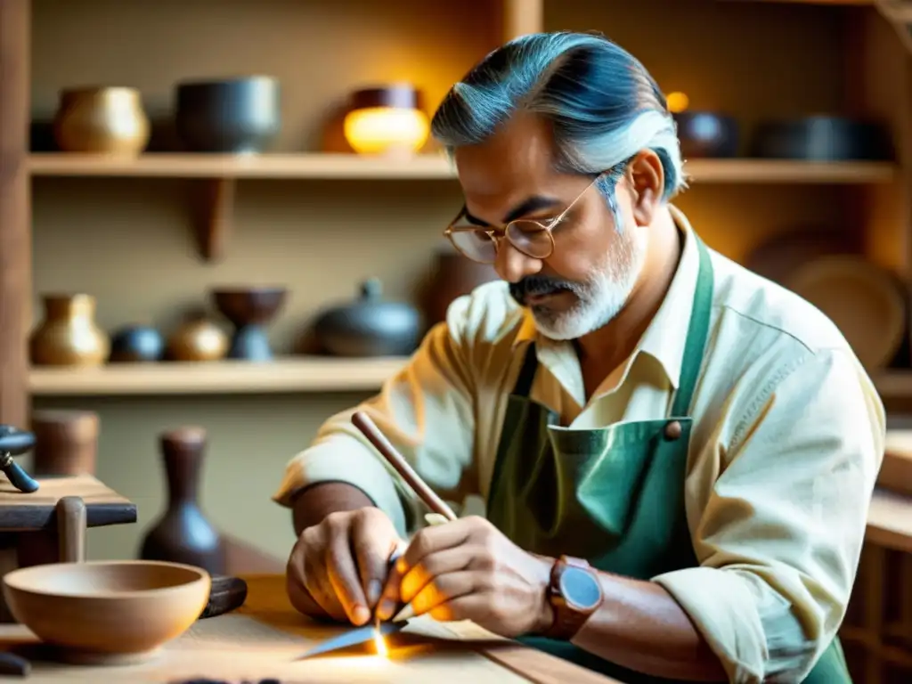 Un artesano habilidoso crea una hermosa artesanía con herramientas tradicionales