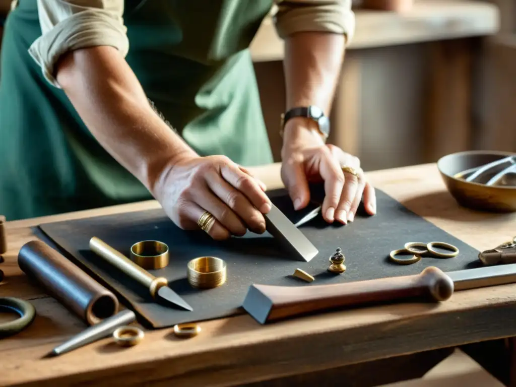 Un artesano habilidoso crea joyería sostenible con herramientas vintage en un taller cálido