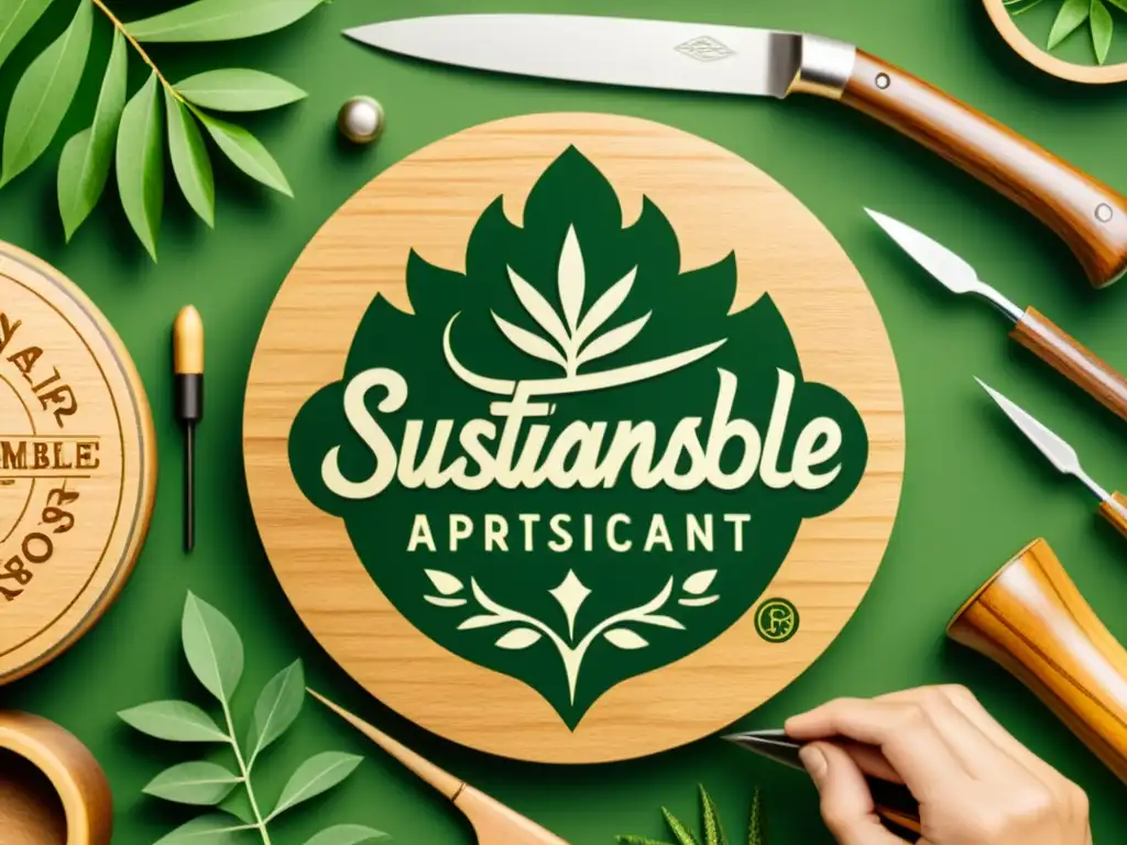 Un artesano habilidoso crea un logotipo tradicional para una marca sostenible, rodeado de naturaleza y herramientas artesanales