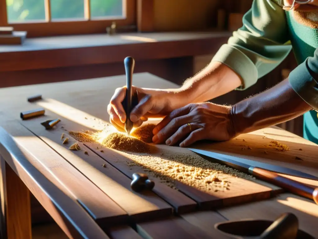 Un artesano habilidoso tallando una mesa de caoba en un taller vintage, rodeado de herramientas antiguas, bañado por cálida luz dorada