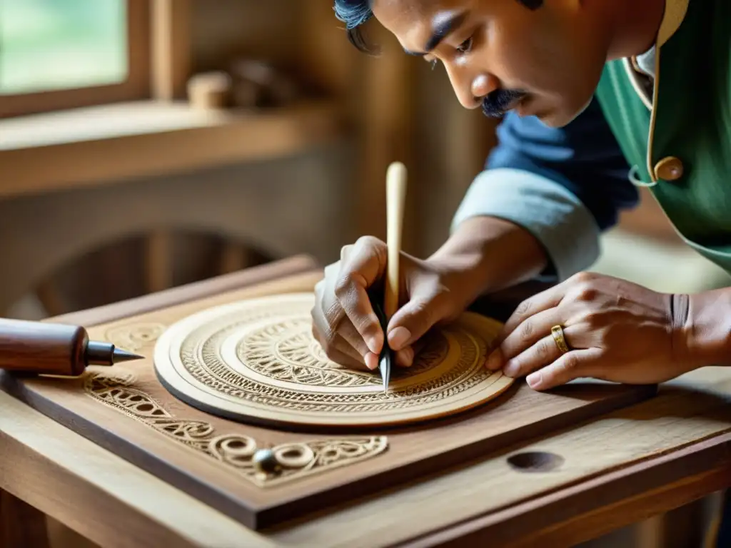 Un artesano habilidoso crea una obra detallada con herramientas tradicionales, resaltando la ética de la artesanía frente a la impresión 3D