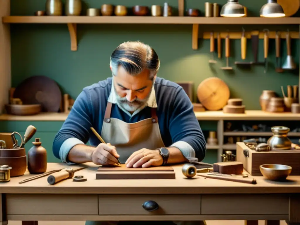 Un artesano habilidoso elabora un producto digital único en su taller, rodeado de herramientas y materiales