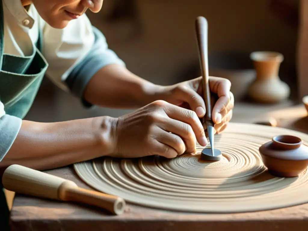 Artesano habilidoso creando producto tradicional en taller cálido y vintage