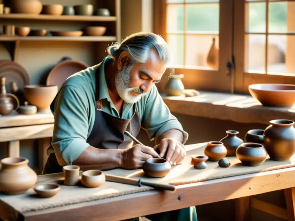 Un artesano habilidoso crea productos artesanales en un taller vintage, iluminado por la cálida luz del sol