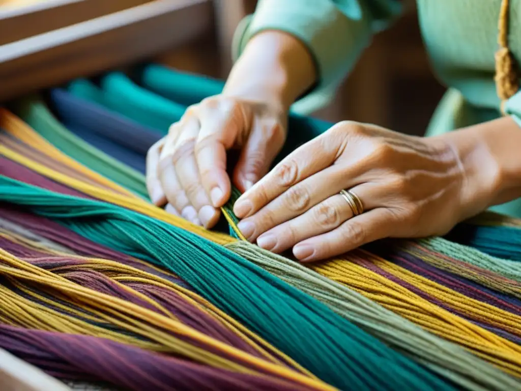 Un artesano habilidoso transformando residuos en materiales artesanales, tejiendo con cuidado hilos coloridos en un telar vintage
