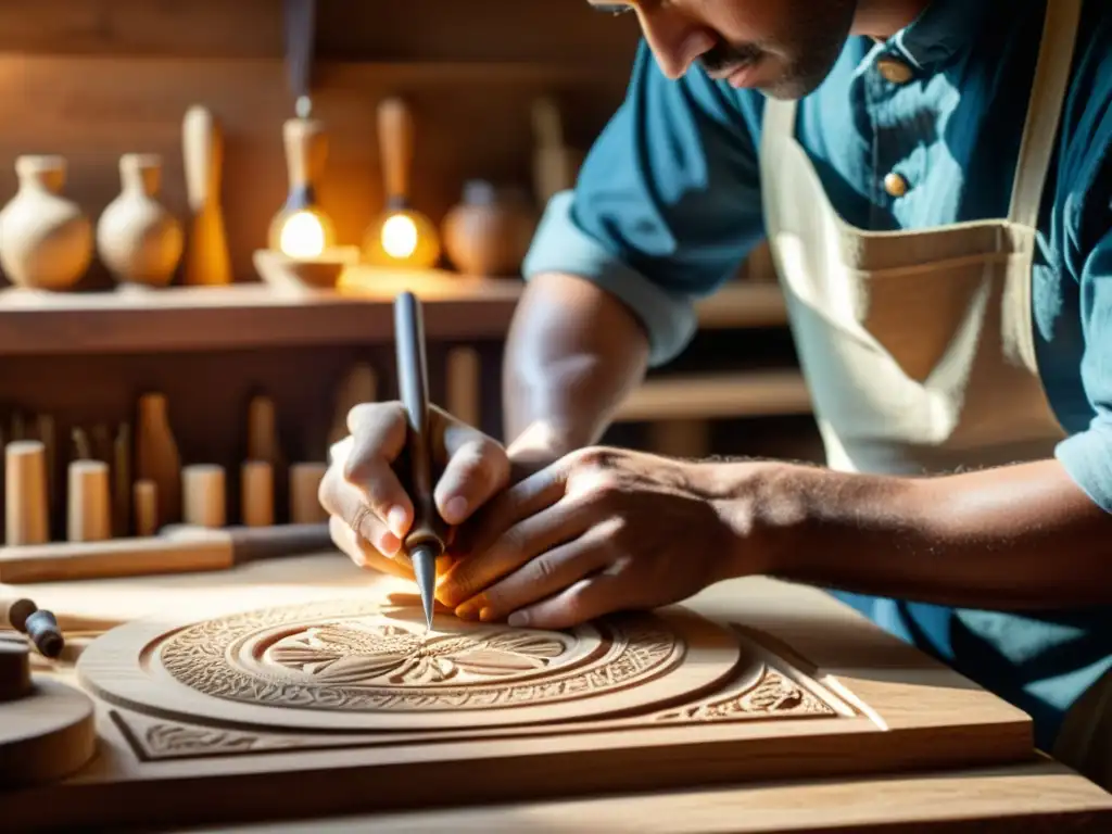 Un artesano habilidoso talla con cuidado diseños en madera, iluminado por una suave luz cálida