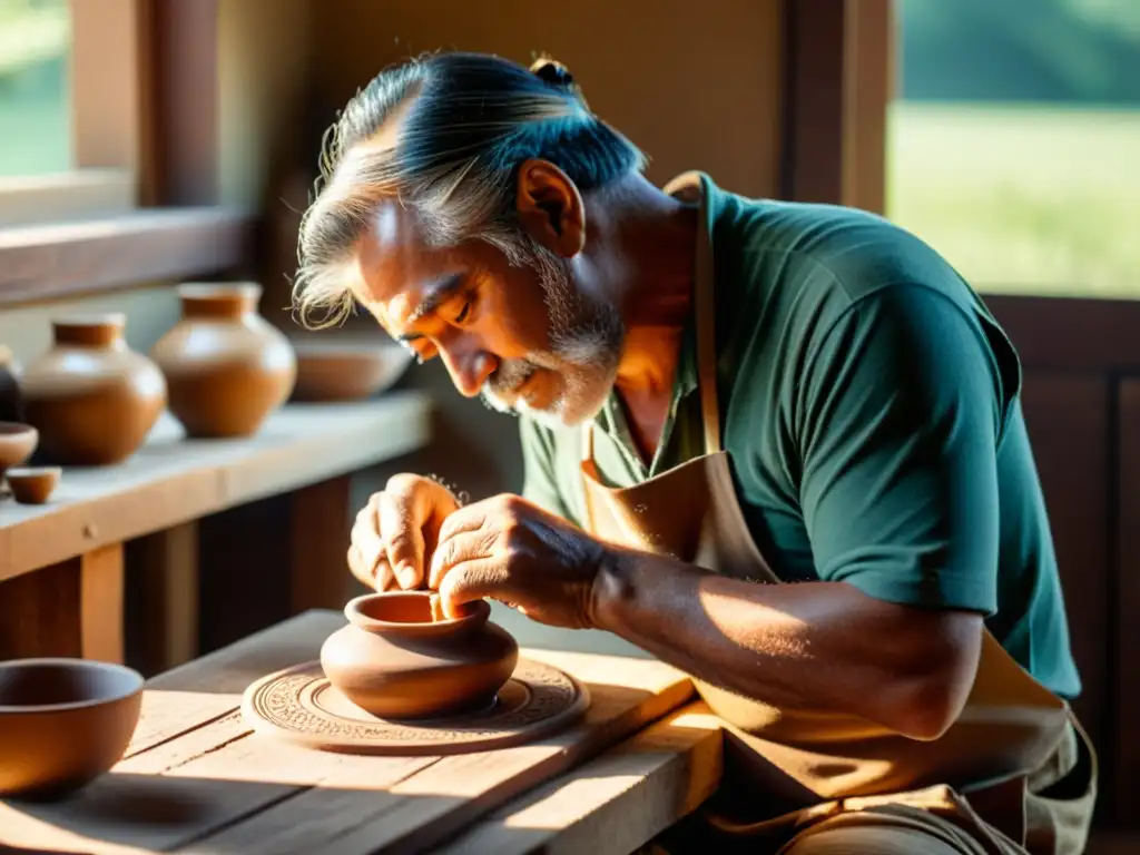 Un artesano habilidoso talla con dedicación una pieza de alfarería tradicional en un banco de trabajo de madera, bajo cálidos rayos de sol