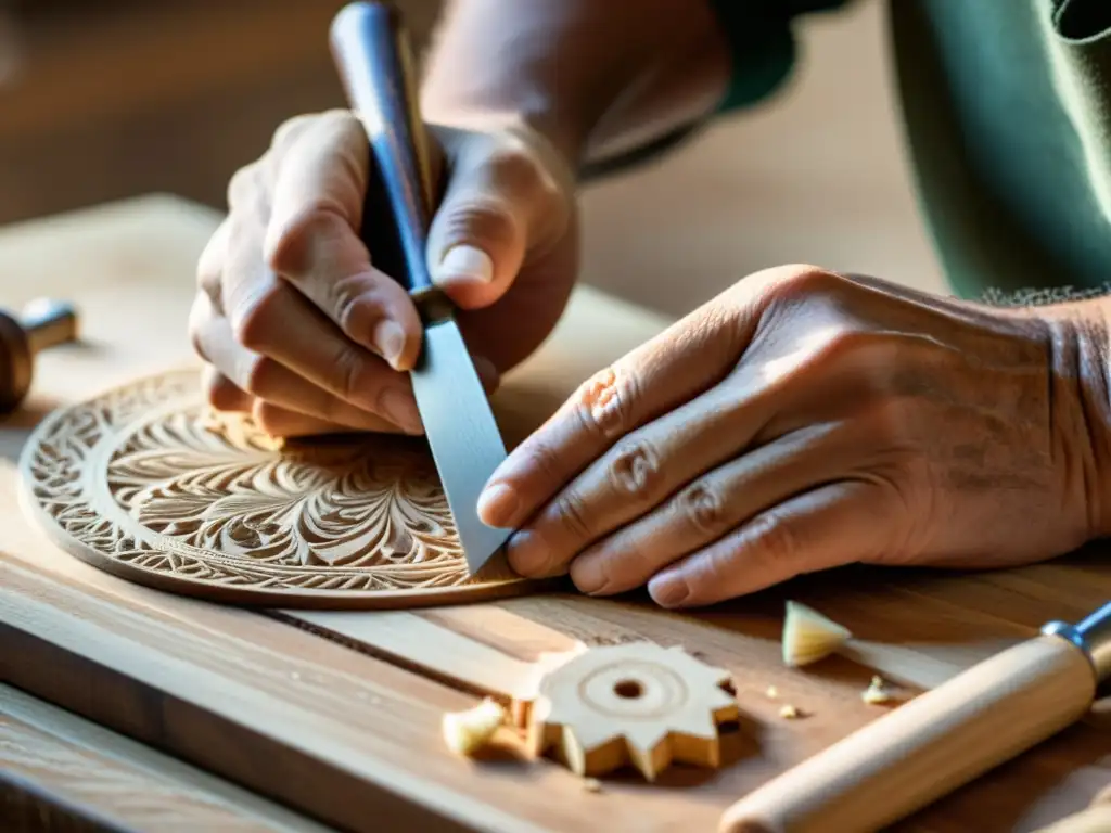 Un artesano habilidoso talla delicados patrones en madera, con luz cálida realzando la artesanía tradicional