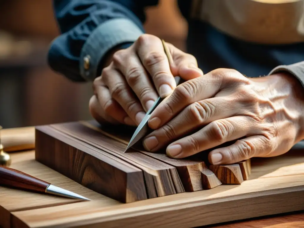 Un artesano habilidoso talla diseños en madera de caoba, resaltando la artesanía tradicional