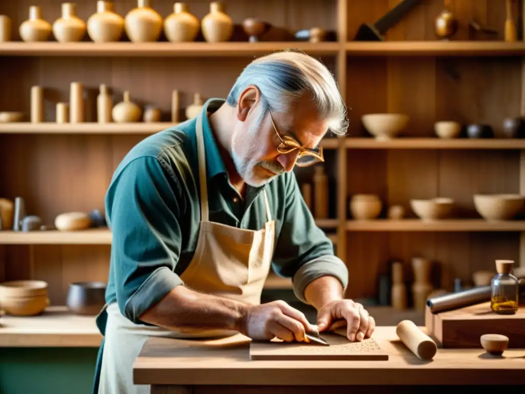 Un artesano habilidoso talla diseños intrincados en madera, con una cálida iluminación