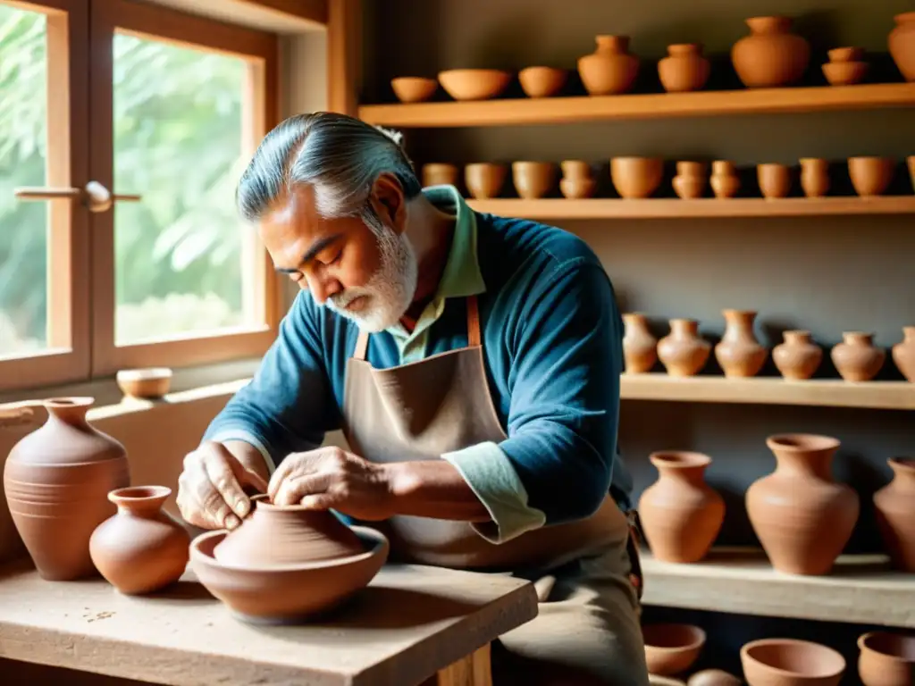 Un artesano habilidoso talla diseños en cerámica tradicional en un banco de trabajo de madera