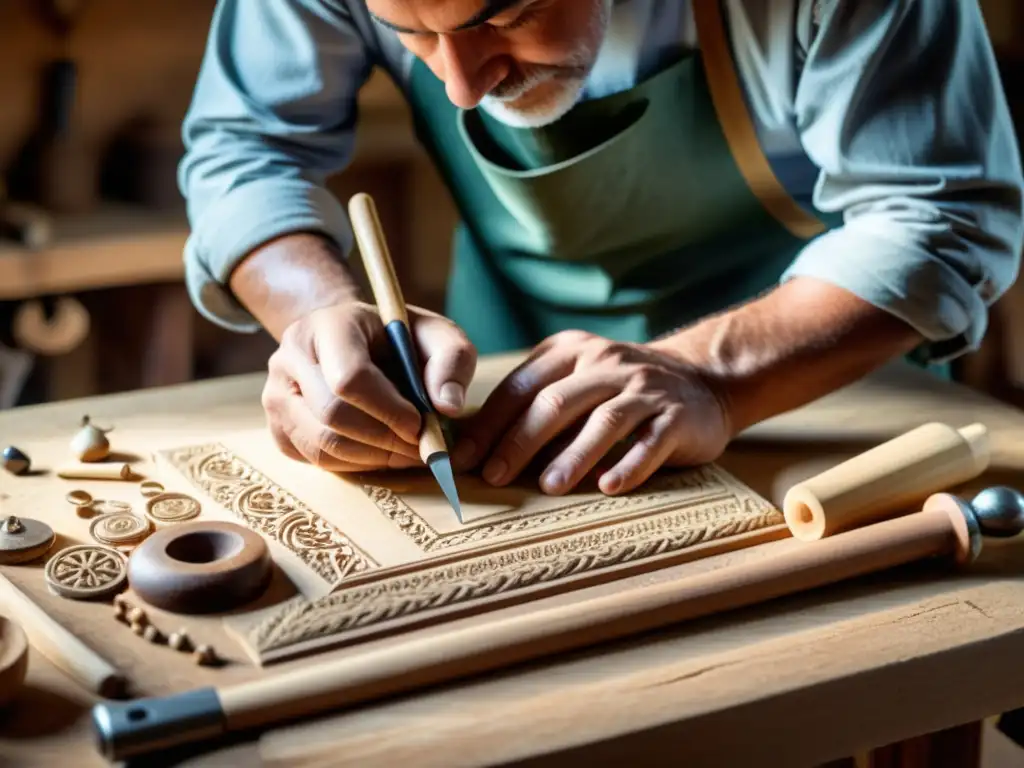 Un artesano habilidoso talla diseños intrincados en madera sostenible