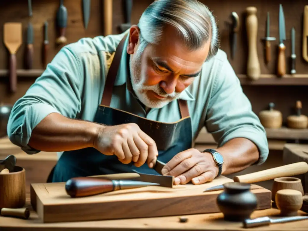 Un artesano habilidoso talla diseños en madera con herramientas vintage, reflejando dedicación y artesanía