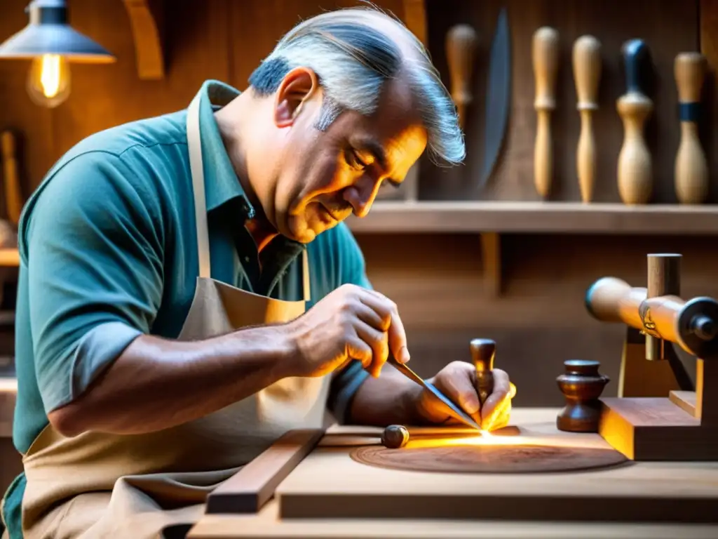 Un artesano habilidoso talla madera en su taller, evocando nostalgia y belleza atemporal