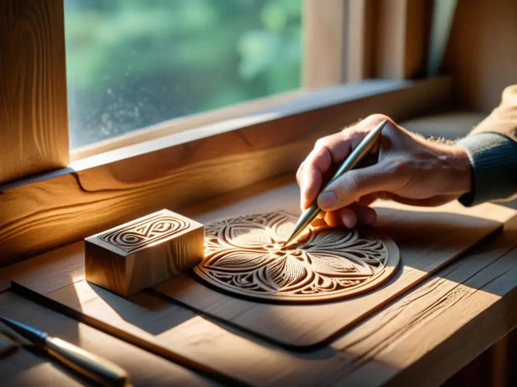 Un artesano habilidoso talla patrones en madera sostenible, bañado por luz natural