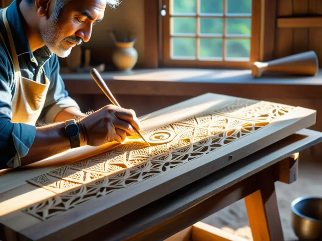 Un artesano habilidoso talla patrones en madera