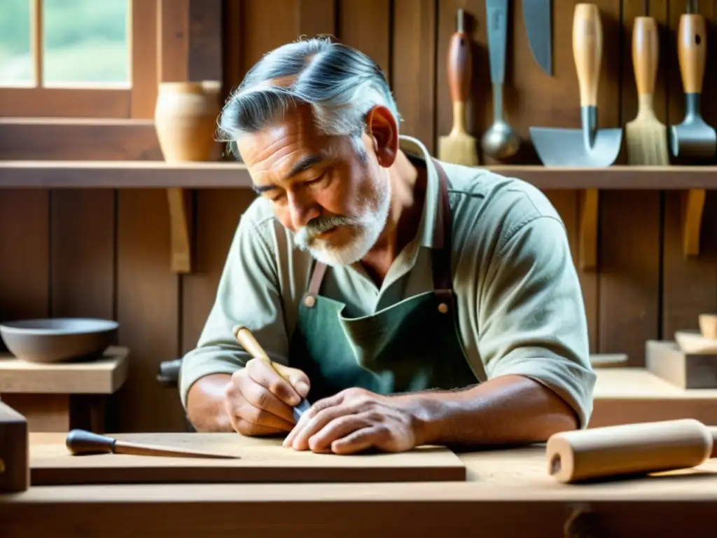 Un artesano habilidoso talla una pieza tradicional en un banco de trabajo de madera