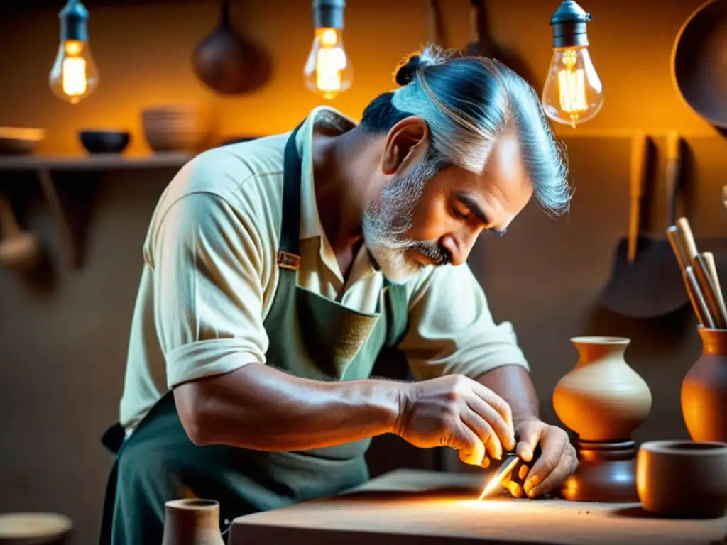 Un artesano habilidoso trabaja en su taller, iluminado por cálidas bombillas incandescentes