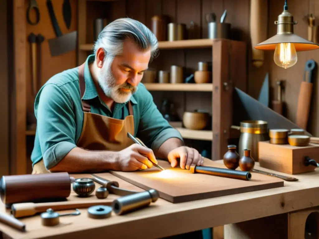 Un artesano habilidoso en su taller de madera, rodeado de herramientas vintage