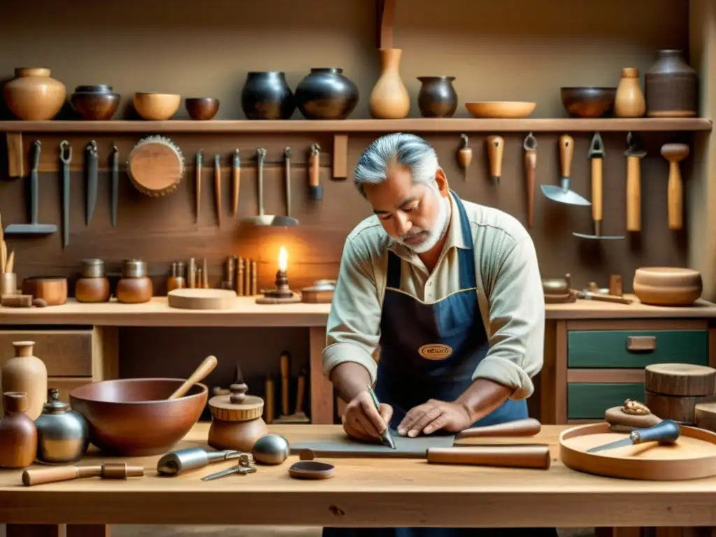 Artesano experto en su taller: dedicación atemporal Un artesano habilidoso en su taller de madera, rodeado de herramientas tradicionales y materiales