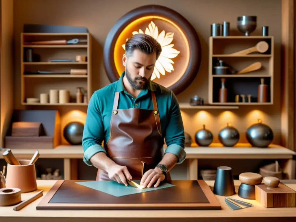 Un artesano habilidoso en un taller tradicional con delantal de cuero vintage, rodeado de herramientas antiguas y objetos de madera meticulosamente elaborados, mientras una superposición holográfica de realidad aumentada realza su espacio de trabajo, mostrando intrincados esquemas de diseño e información digital junto a la art