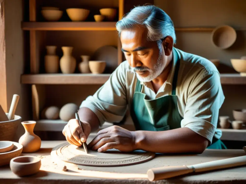 Un artesano habilidoso trabaja en un taller tradicional, creando una hermosa pieza de arte a mano con materiales naturales