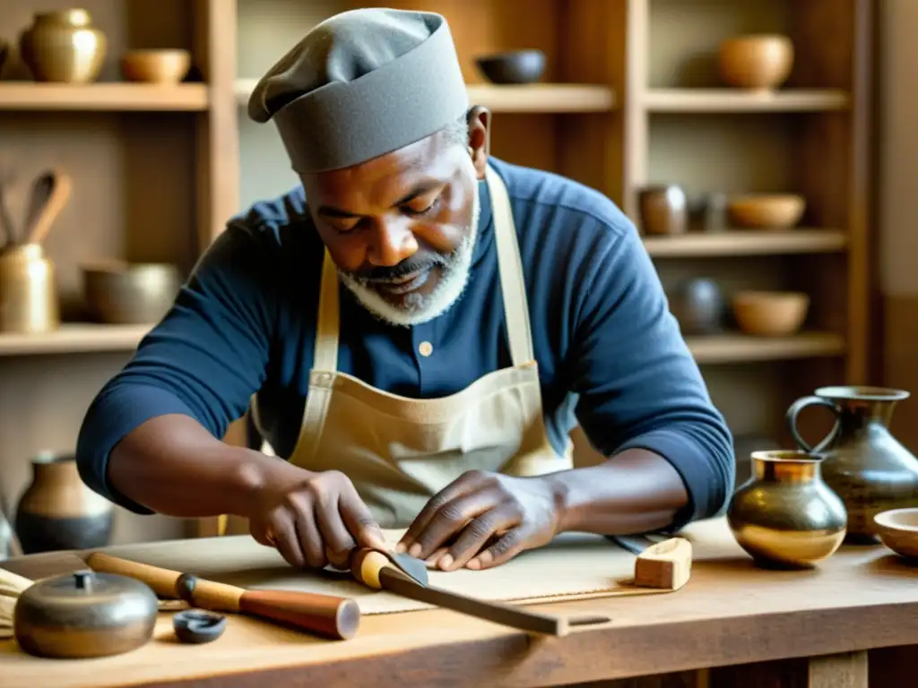 Un artesano habilidoso preservando técnicas artesanales en era digital, creando piezas únicas con herramientas tradicionales y materiales reciclados