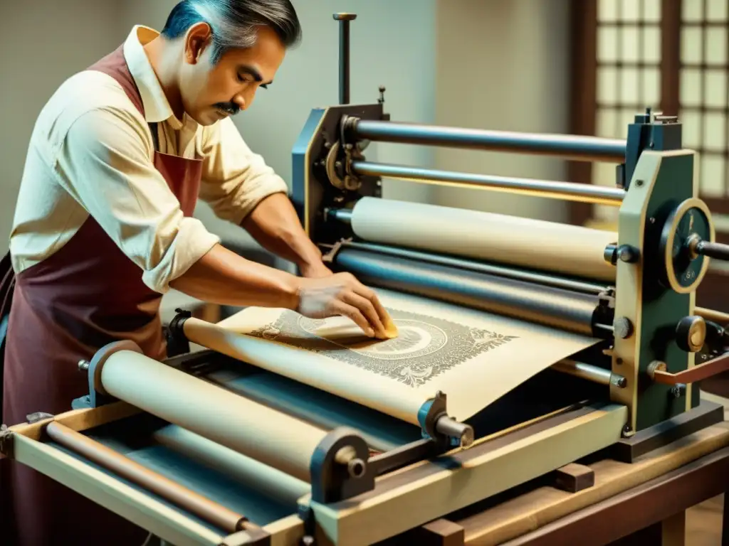 Un artesano habilidoso utiliza técnicas de grabado y corte láser en una prensa tradicional, evocando nostalgia y artesanía