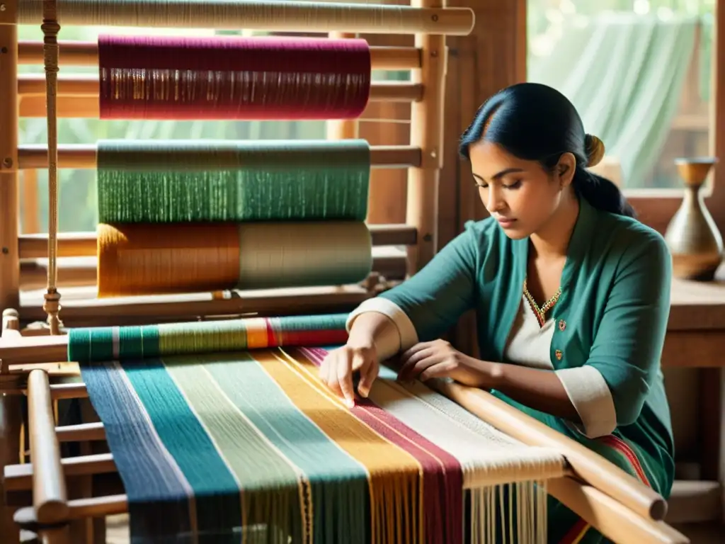 Un artesano habilidoso tejiendo en un telar de madera rodeado de hilos de colores y patrones textiles, evocando la artesanía textil en moda ética