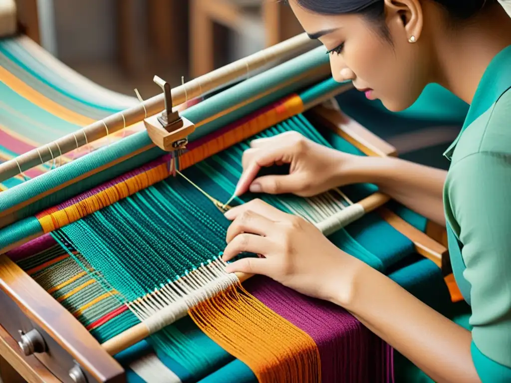 Un artesano habilidoso tejiendo un textil colorido con métodos tradicionales, rodeado de tecnología moderna