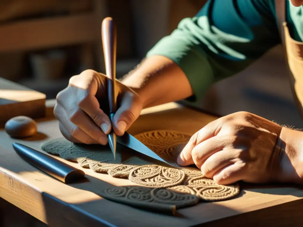 Un artesano crea una hermosa artesanía a mano con luz natural cálida, evocando la identidad visual artesanía tradicional