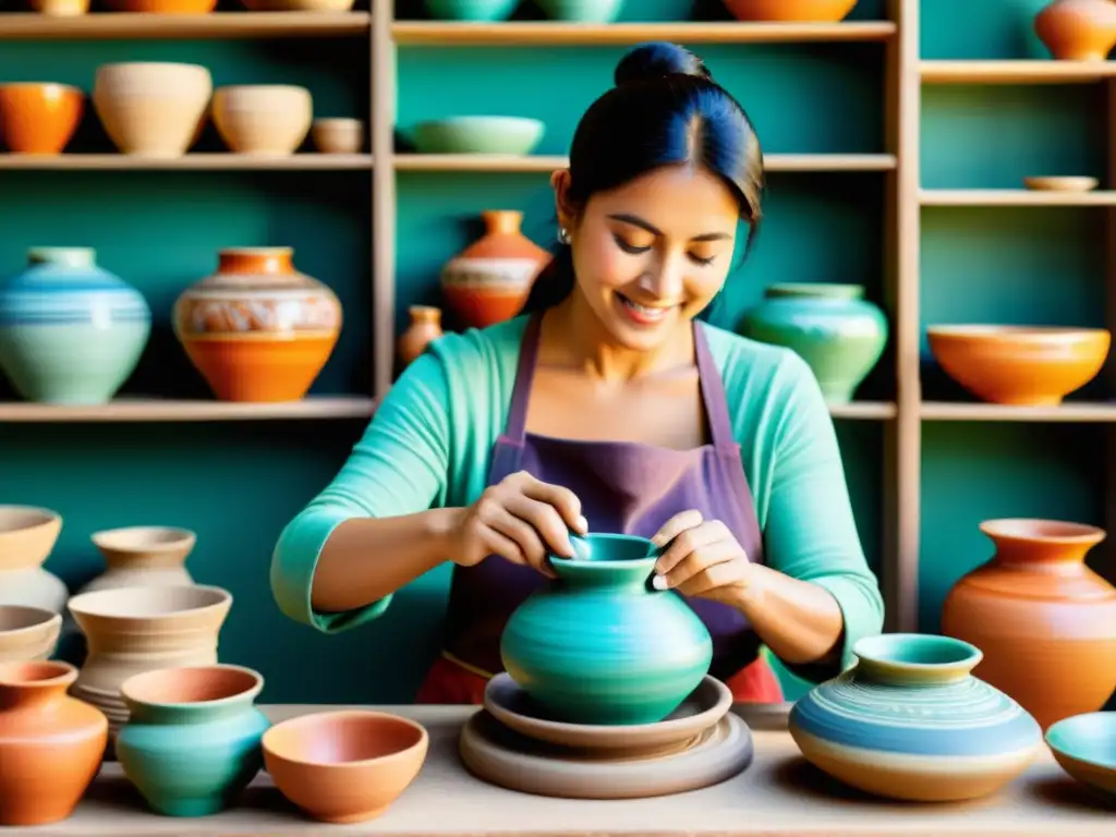 Un artesano crea una hermosa cerámica rodeado de productos artesanales coloridos, evocando una marca visual de tradición y artesanía