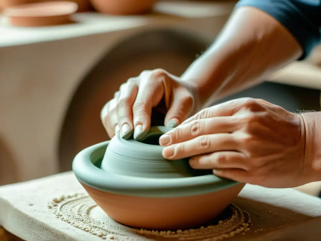 Un artesano modela cuidadosamente una hermosa pieza de cerámica reciclada, mostrando dedicación a la artesanía sostenible