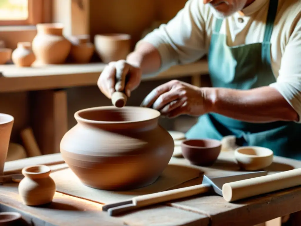 Un artesano crea una hermosa pieza de cerámica en un taller iluminado por el sol, transmitiendo la esencia de la artesanía tradicional y la importancia de integrar estrategias de marketing digital