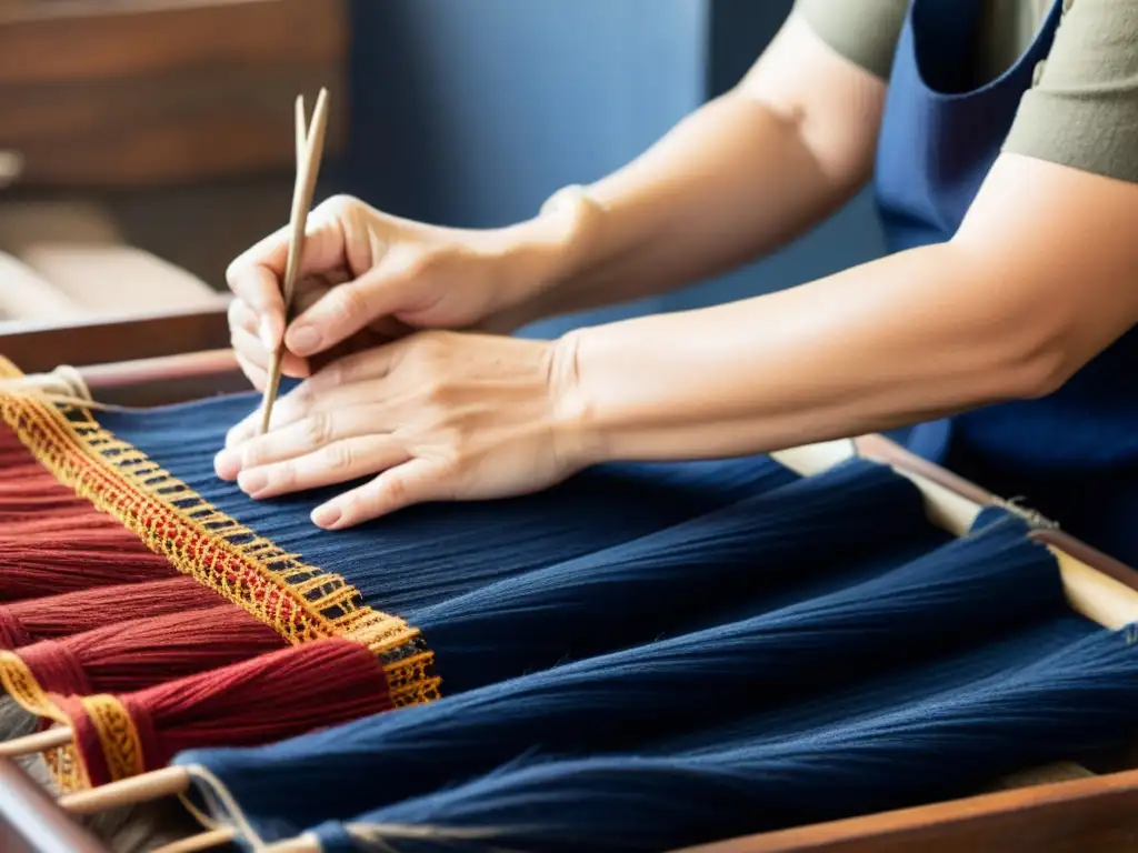 Un artesano crea una hermosa tela tradicional con hilos vibrantes