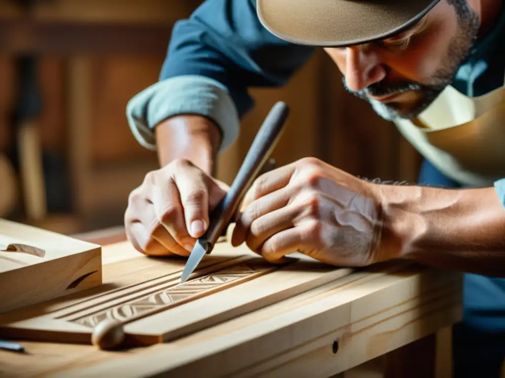 Un artesano tallando con herramientas digitales para artesanía sostenible en madera, reflejando el cuidado y la destreza artesanal