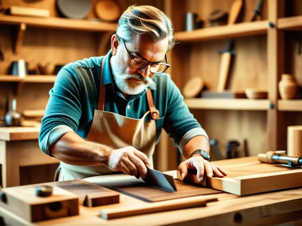 Un artesano utiliza herramientas digitales para artesanía sostenible, tallando detalles en una mesa de madera rodeado de herramientas tradicionales y equipo de diseño moderno en un taller rústico