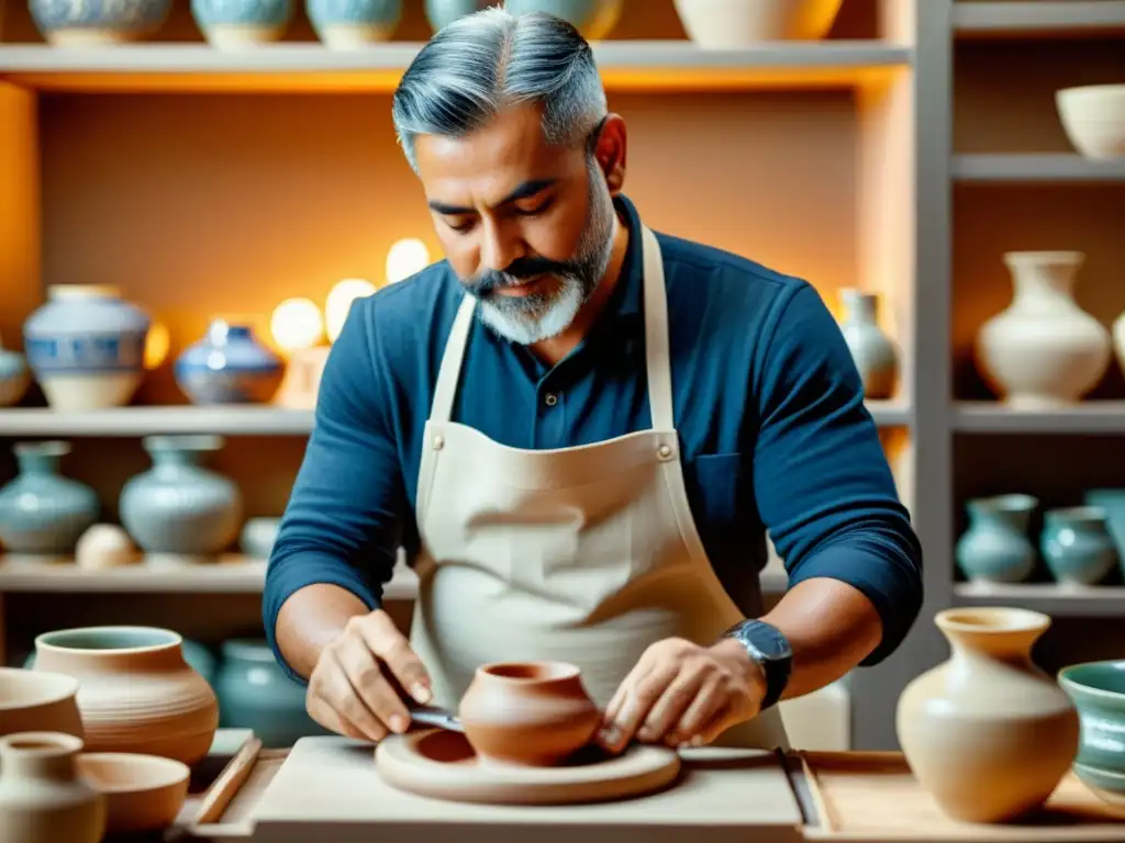 Un artesano utiliza herramientas digitales para crear diseños en cerámica reciclada, rodeado de decoración vintage