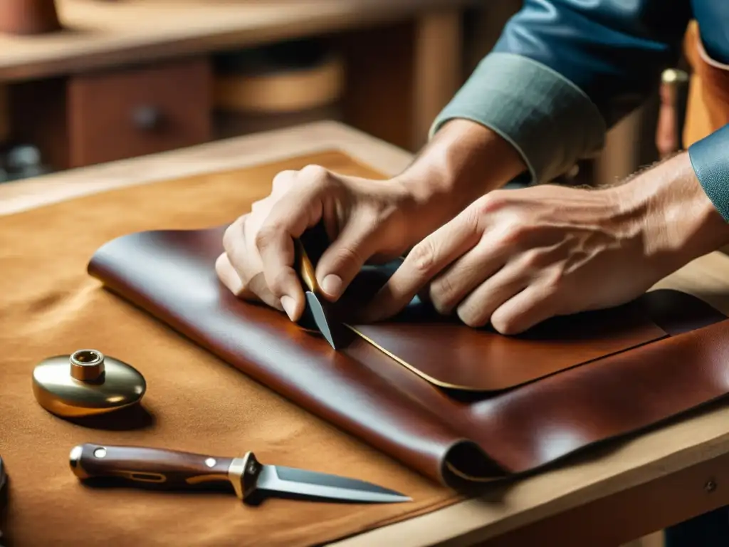 Artesano une con precisión herramientas digitales en taller de marroquinería