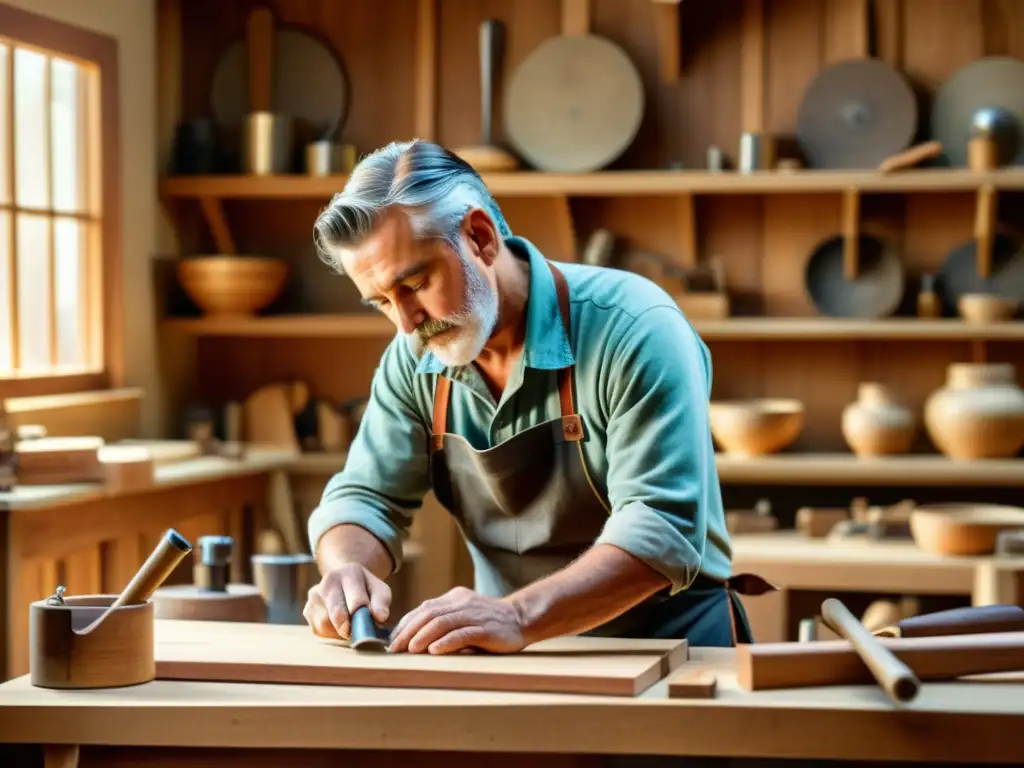 Un artesano trabaja con herramientas de madera en su taller, iluminado por una luz cálida