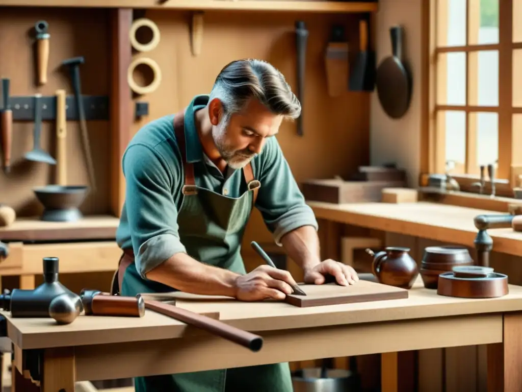 Un artesano trabaja con herramientas tradicionales en un banco de madera, fusionando técnicas artesanales con tecnología