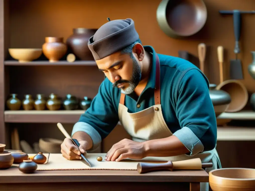 Un artesano utiliza herramientas tradicionales para crear productos artesanales, rodeado de materiales naturales